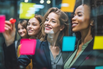 Group of women working together on a project with colorful sticky notes on a glass wall, sharing ideas and planning