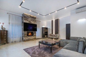 The elegant interior of the living room has a marble fireplace and stylish furniture.