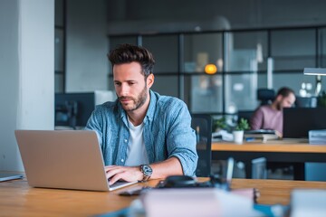 Obraz premium a focused worker using a laptop in a modern office, showcasing a workspace environment