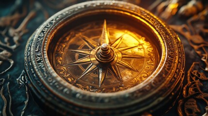 Fototapeta premium A detailed antique-style feng shui compass, surrounded by intricate patterns and glowing with rustic charm