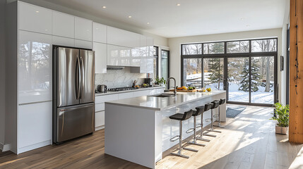 Modern Kitchen, Winter Views, Sunlit Interior