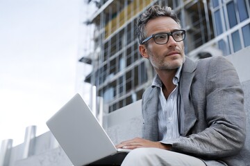 A man working with a laptop, gazing with a thoughtful expression while sitting outdoors 