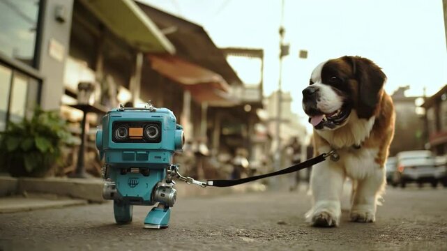 Whimsical scene of a small blue robot walking a Saint Bernard dog through an urban setting at sunset. Creative concept illustrating artificial intelligence, robotics, and smart technology in everyday 