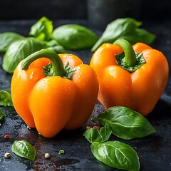 Two orange bell peppers with fresh green basil leaves are displayed
