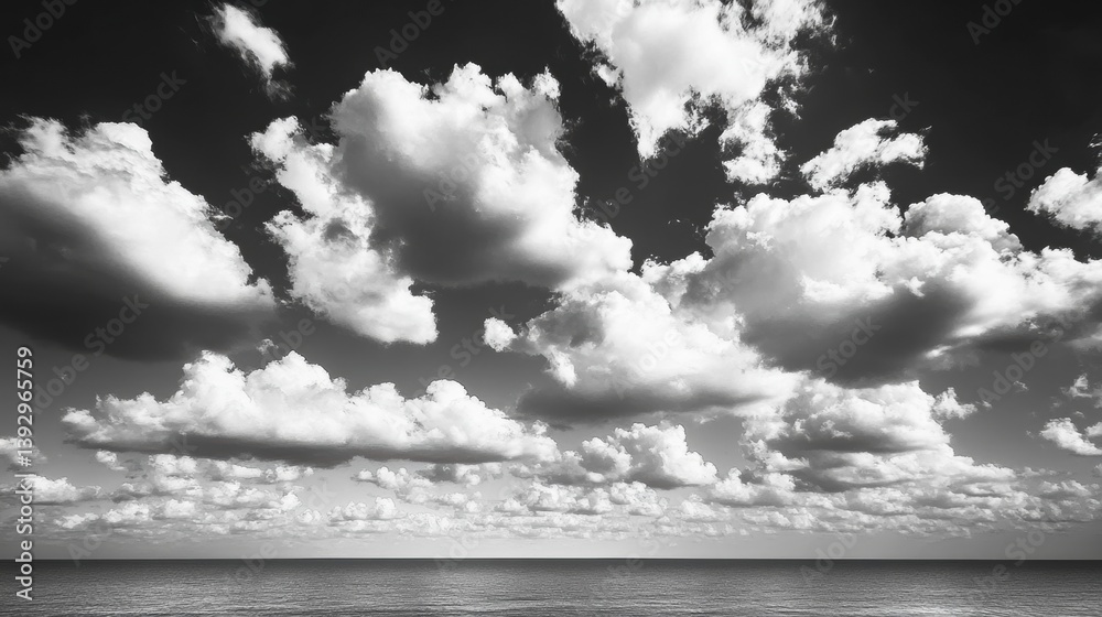 Poster dramatic black and white clouds over an empty horizon create a minimalist sky landscape with a seren