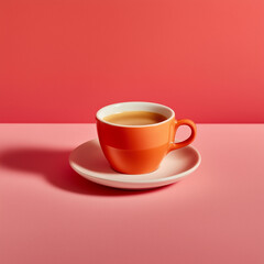 Cup of coffee is sitting on a white saucer on a pink background