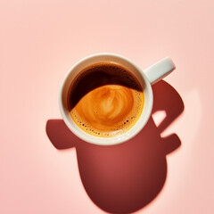Cup of coffee is sitting on a white saucer on a pink background