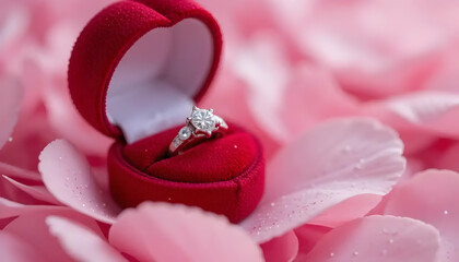 Jewelry diamond ring in gift box with abstract festive glitter Christmas holiday texture background blur with bokeh light