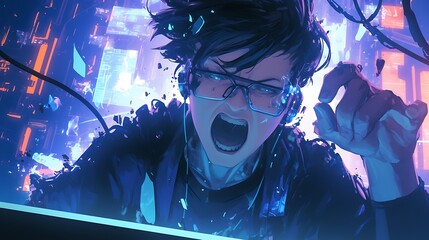 An e-sports player pressed the last button with a tense expression, colorful anime style