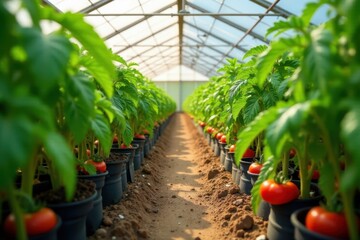 Neat rows of lush tomato plants thriving in a greenhouse , gardening, red, leaves