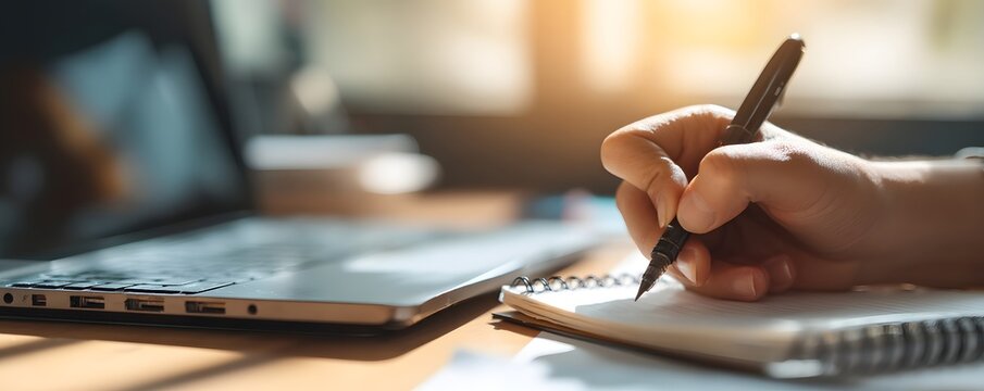 person's hand is holding a pen and writing on a notebook with laptop in the background