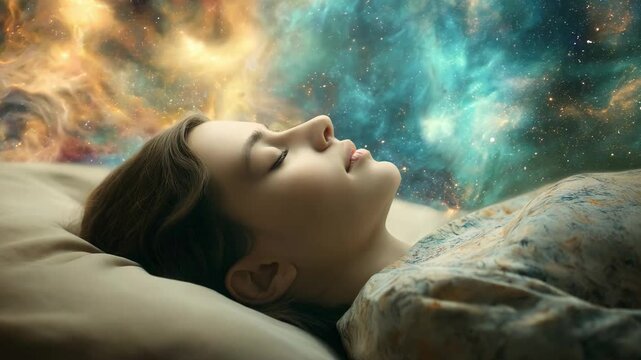 A woman lies peacefully on her bed as cosmic elements surround her, creating a space dreamscape filled with colors