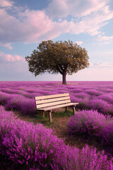 A bench under the tree in the middle of a lavender fields