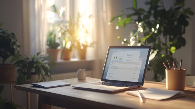 Clean Wooden Desk with Open Laptop Showcasing Online Learning Interface, Notebook, and Pen for Remote Education Setup - Powered by Adobe