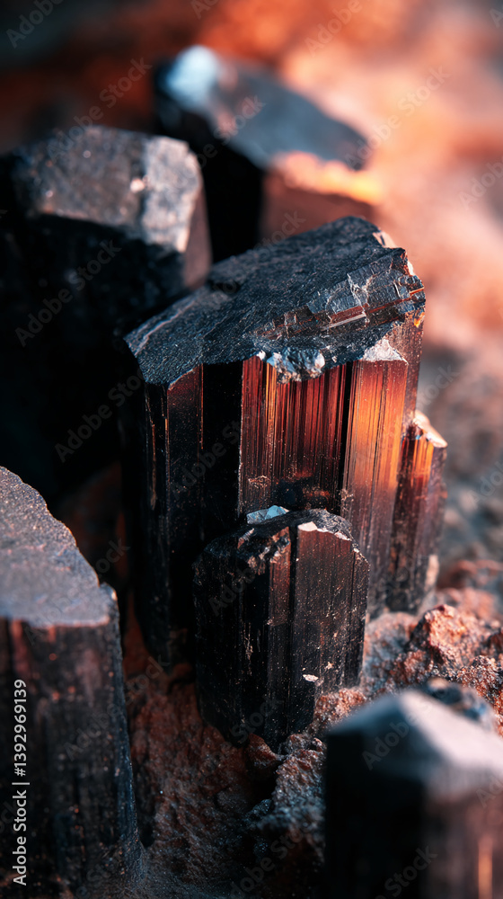 Poster close-up of dark, prismatic crystals embedded in rough texture, showcasing natural formations and ge