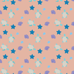 Seamless pattern of hand drawn starfish and seashells on background