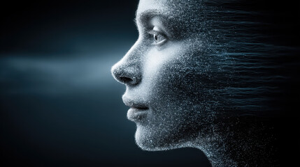 Abstract AI consultant formed by light particles engages in digital communication within a futuristic data environment