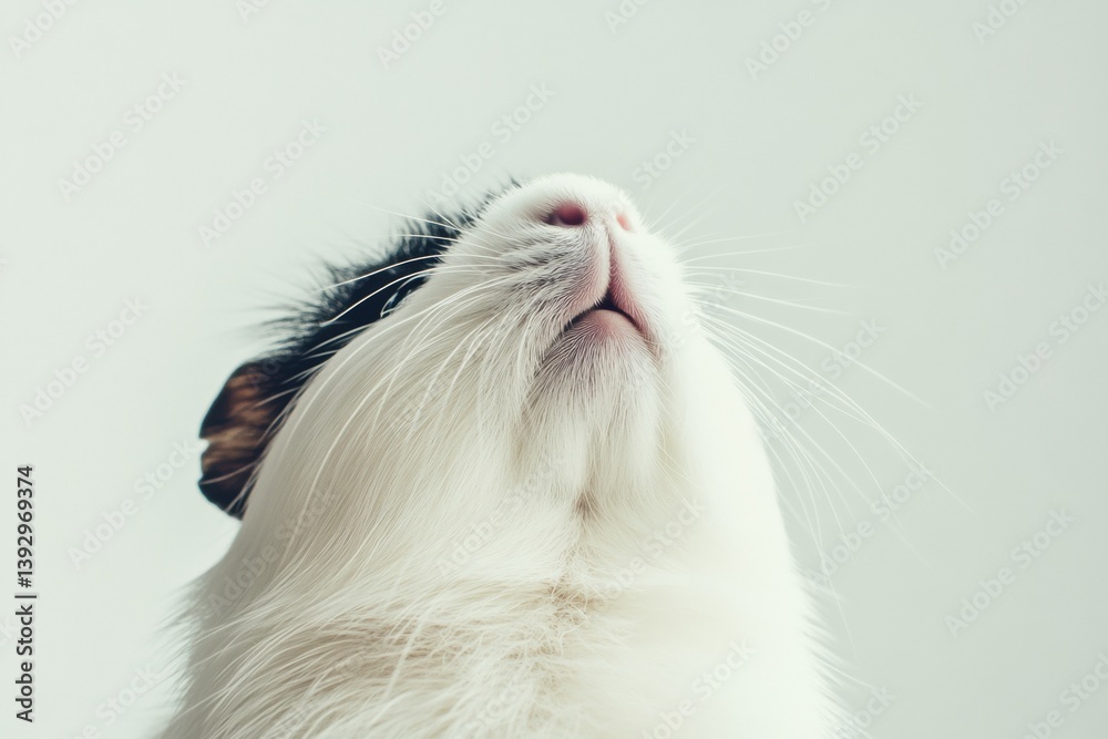 Poster cute guinea pig looking up with fluffy fur and whiskers against a minimal white background in a cozy