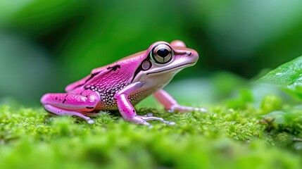 Obraz premium A vibrant pink frog perched on a mossy green surface in a lush forest, and close-up view showcasing detailed texture and vivid colors.