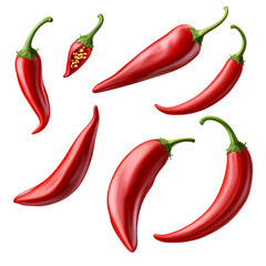 Set of red chili peppers isolated on a transparent background, png