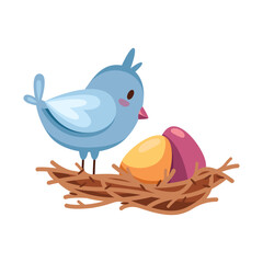 Bird in nest with Easter decorated or painted egg. Vector sign of nurturing bird sitting, caring or watching over ornamental festive egg. Nature and spring wildlife fauna. Holiday celebration