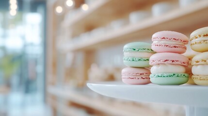 Fototapeta premium Pastel macarons on cake stand, bakery, shop