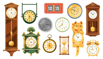 Set of retro and modern clocks. Vector digital and classic sand timekeeping device, hourglasses and alarm bells. Time tracking and accuracy evolution from antique mechanism to modern. Schedule.