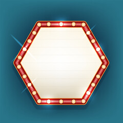 Wall lighted sign or hanging retro board. Vector lighted or illuminated background for show advertising or entertainment probation. Frame for nightclub or bar, movie or cinema. Hexagon border.