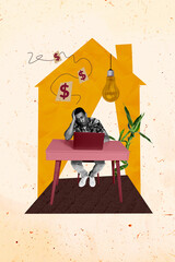 Sketch composite photo collage trend artwork of remote office worker manager hr recruitment young man sit work laptop idea lamp creative