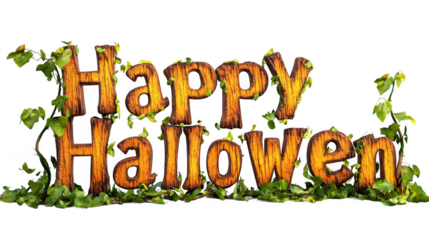 Happy halloween wooden text effect with vines and leaves holiday spooky october celebration greeting card