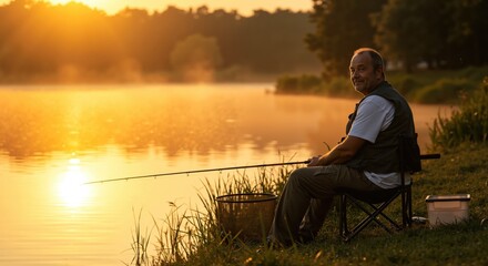 Fototapeta premium Man relaxing while fishing by a serene lake at sunset 