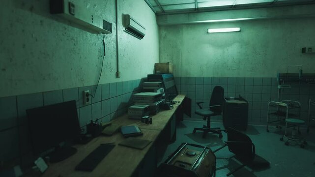 The workspace features a messy desk covered with documents and an empty office chair. The dim lighting creates a mysterious atmosphere in this late night setting.
