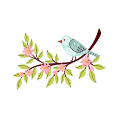Isolated Bird perched on a branch with pink flowers and green leaves. Vector illustration.