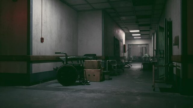 An eerie, dimly lit hospital corridor features scattered medical equipment and an empty wheelchair, creating a sense of desolation and abandonment in the late evening.