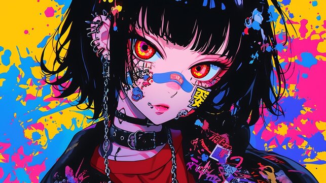 A Y2K goth anime girl wearing a chain necklace, heavy eyeliner makeup, and a background filled with pop-art stickers and chaotic textures, colorful anime style