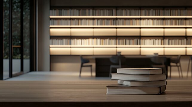 Stacked Books on Wooden Table Corner with Ample Negative Space Above for Text Overlay