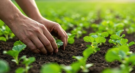 Hands nurturing seedlings in a green farm field  