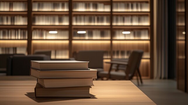 Stacked Books on Wooden Table with Clean Negative Space for Text Overlay