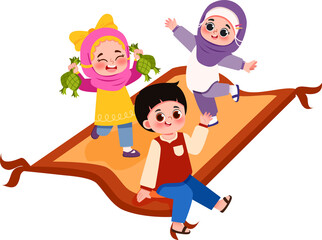 Joyful Children on a Magical Flying Carpet with Frogs