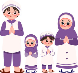 Smiling Muslim Family in Lavender Clothing, Praying Together