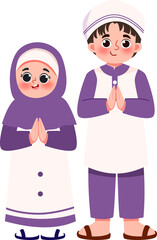 Adorable Muslim Children in Purple Clothing, Hands in Prayer Position