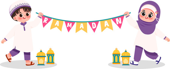 Ramadan Celebration: Children with Festive Banner and Lanterns