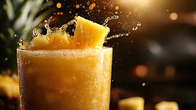 Golden Pineapple Elixir: A vibrant glass of a fresh and appetizing pineapple juice, garnished with a slice of pineapple. Captures the refreshing taste, the juicy freshness, and the natural goodness.