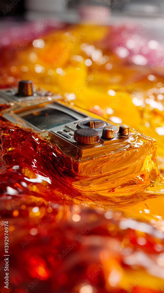 Aufkleber device with controls submerged in amber liquid, creating dynamic, flowing texture. showcases product