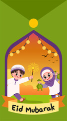 Joyful Eid Mubarak Celebration: Children with Fireworks and Ketupat