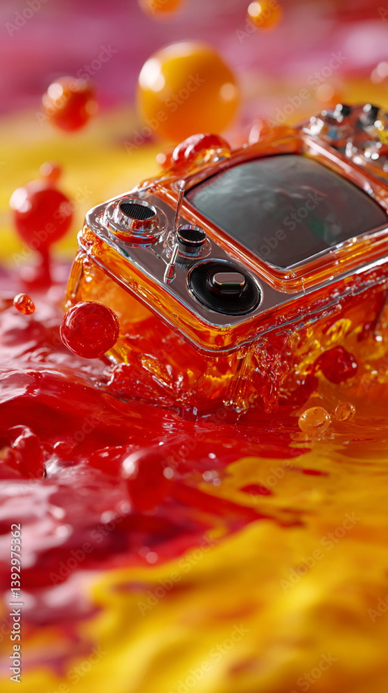 Aufkleber retro television submerged in red and orange liquid, creating a vibrant, abstract scene. showcase of
