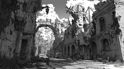 black and white manga style, abandoned city, with crumbling buildings covered in ivy, colorful anime style