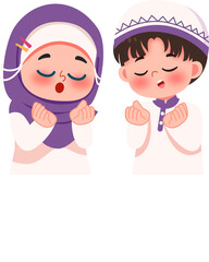 Adorable Muslim Children in Prayer, Soft Pastel Illustration
