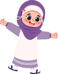 Joyful Girl in Purple Hijab Ice Skating, Cartoon Illustration