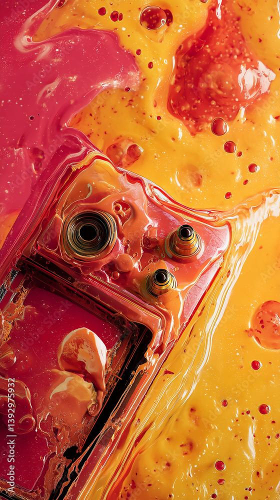 Poster abstract image of a frame submerged in red and yellow liquid, showcasing swirling textures and gloss